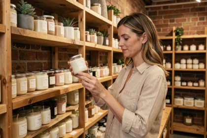 Femme qui choisit des bougies artisanales dans une boutique indépendante avec des étagères en bois