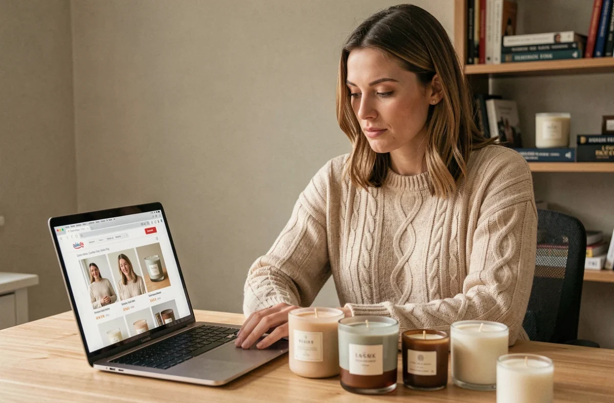 Femme qui achète des bougies en ligne depuis son domicile avec un ordinateur portable et des échantillons