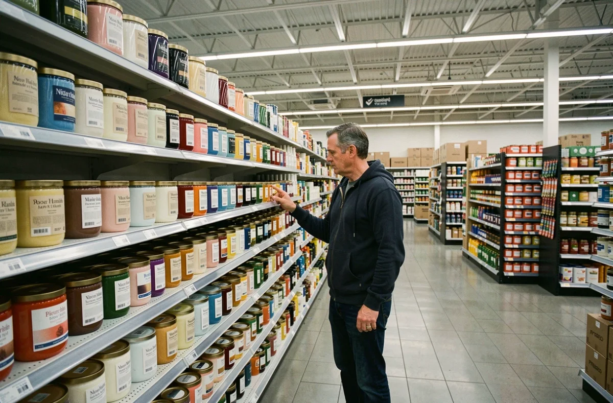 Homme qui compare des bougies en grande surface dans le rayon dédié d'un supermarché