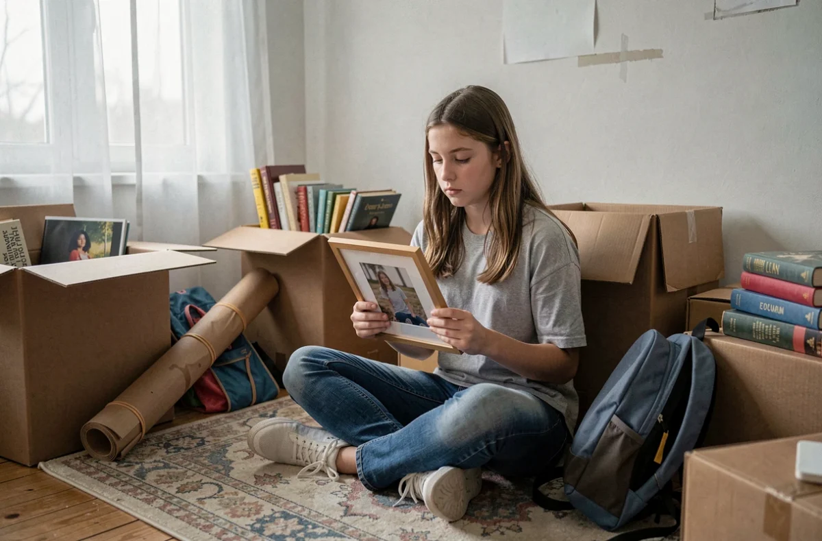 Adolescente assise dans sa chambre vide en cours de déménagement, tenant une photo encadrée avec une expression mélancolique mais sereine
