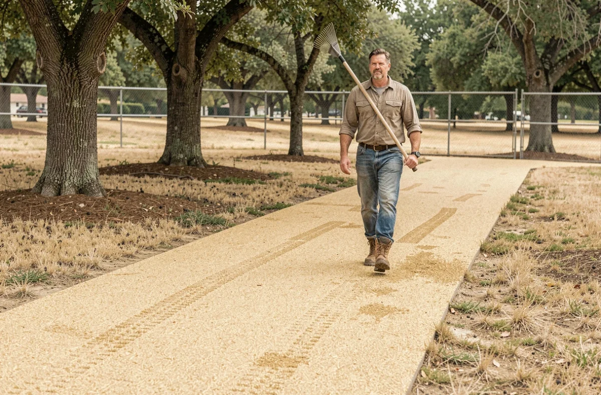 Allée piétonnière en granite décomposé dans un parc, solution économique pour chemin extérieur durable
