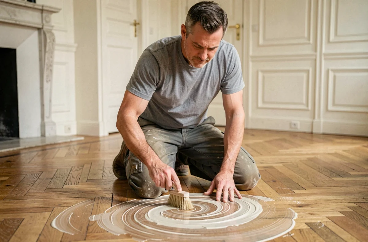 Artisan appliquant de la cire sur un parquet en chêne massif en chevrons dans un appartement haussmannien