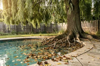 Saule pleureur aux branches tombantes au-dessus d'une piscine résidentielle couverte de feuilles et de débris végétaux