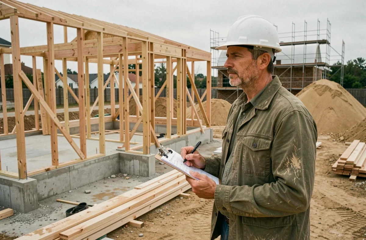 Architecte sur un chantier de construction de maison individuelle consultant une fiche de coûts