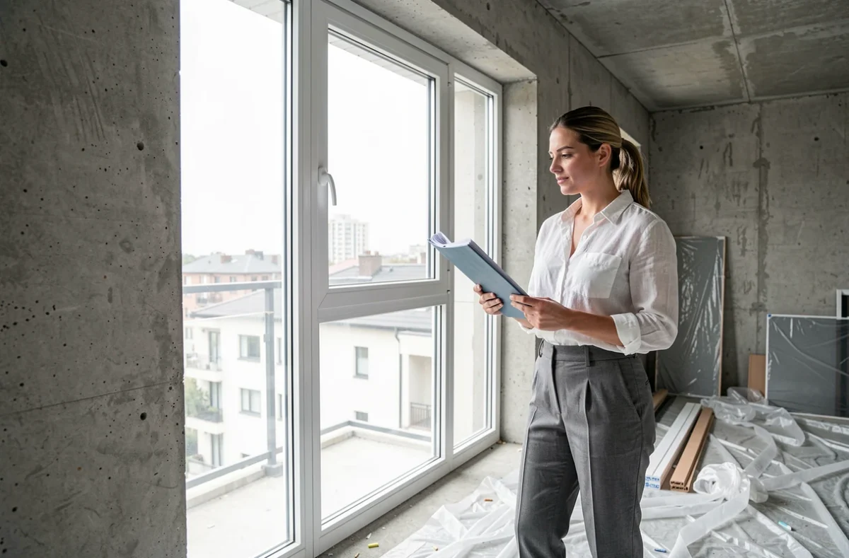 Architecte évaluant une fenêtre en PVC double vitrage dans un appartement en rénovation