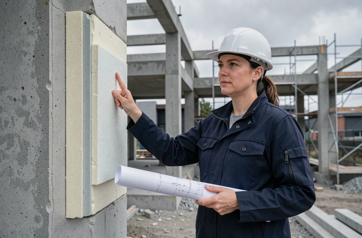 Architecte féminine sur un chantier de construction montrant les couches d'isolation thermique d'un mur extérieur