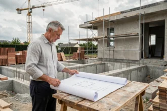 Architecte étudiant des plans sur un chantier de construction neuve d'une maison individuelle en France