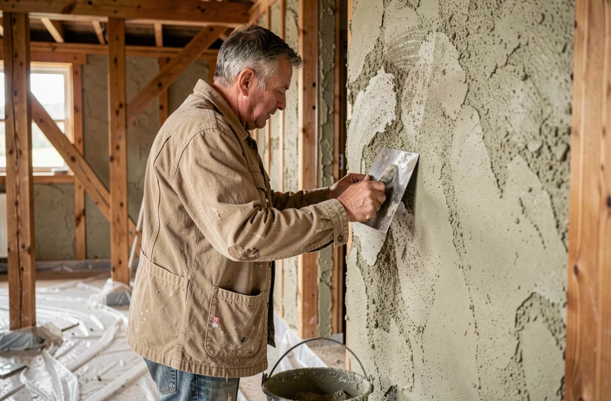 Artisan appliquant un mélange chanvre-chaux sur une ossature bois dans une maison bioclimatique en construction