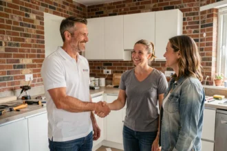 Artisan rénovateur serrant la main d'un couple de clients satisfaits dans une cuisine fraîchement rénovée