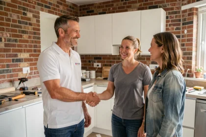 Artisan rénovateur serrant la main d'un couple de clients satisfaits dans une cuisine fraîchement rénovée