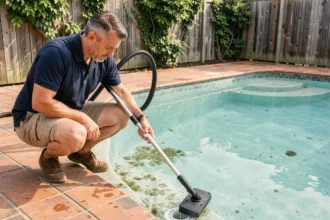 Homme aspirant le fond d'une piscine avec un balai manuel relié à la bonde de fond, sans passer par le filtre