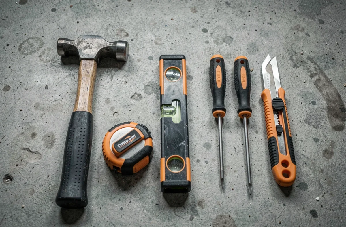 Vue de dessus d'un assortiment d'outils à main essentiels disposés sur un établi en béton pour choisir son équipement de bricolage