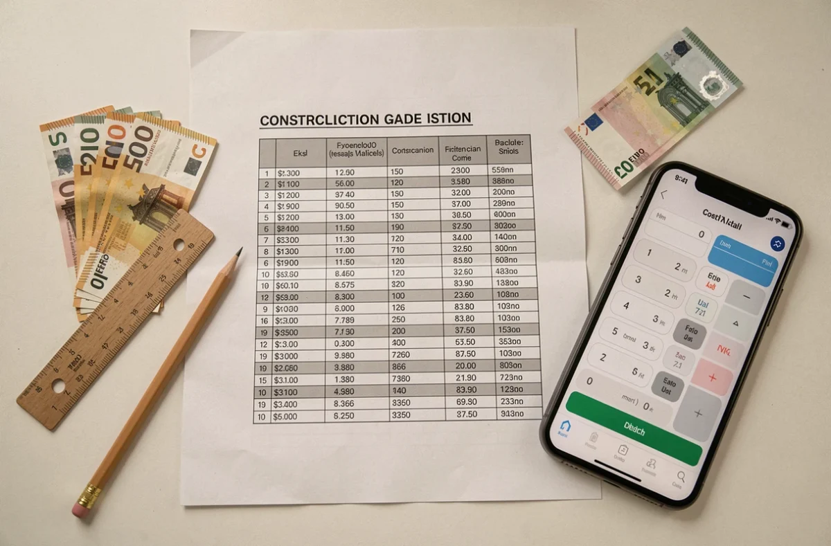 Vue aérienne d'un bureau avec un tableau de coûts de construction, une règle d'architecte et des billets en euros pour illustrer le budget d'une extension