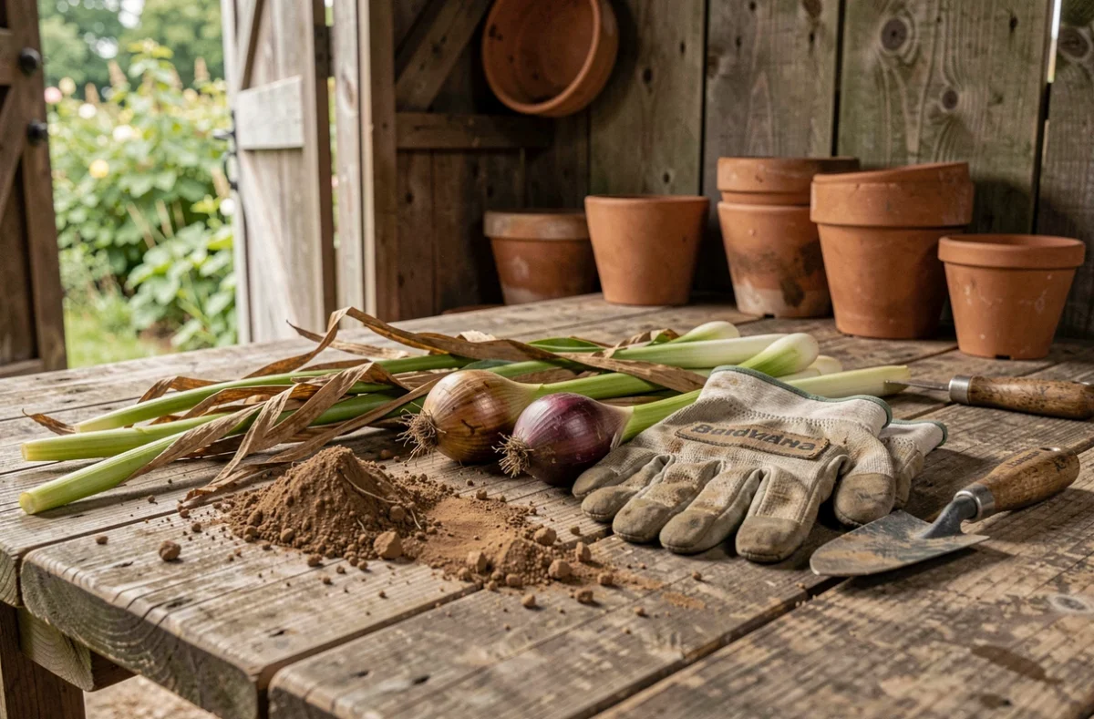 Bulbes de lys orientaux déterrés posés sur un établi de jardinage en bois après la floraison