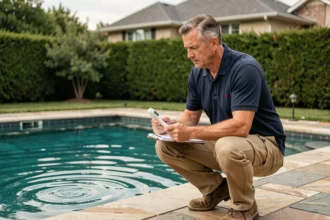 Technicien calculant le chauffage d'une piscine extérieure avec un thermomètre numérique et un carnet de notes
