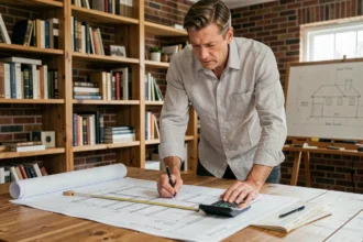 Architecte calculant le coût d'une extension de maison sur des plans détaillés posés sur un bureau en bois