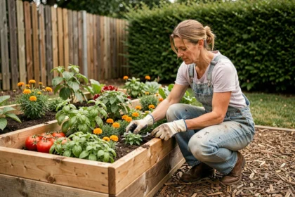 Femme aménageant un carré potager en permaculture avec des planches en bois et des plantes compagnes dans un jardin naturel