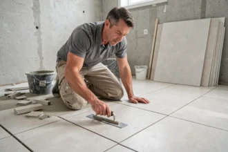 Carreleur professionnel posant des carreaux en céramique grand format dans une salle de bain en rénovation dans les Pays de la Loire