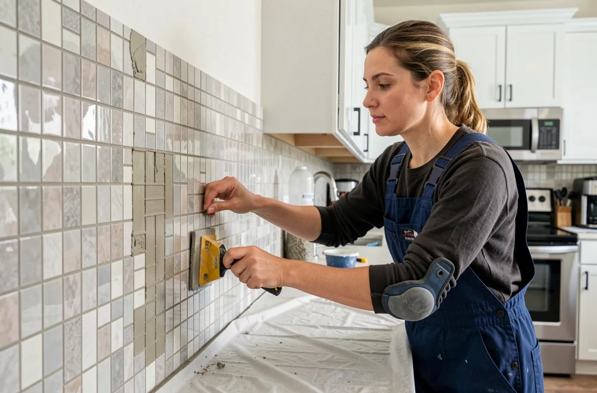 Carreleuse professionnelle appliquant du joint sur un carrelage mosaïque mural dans une cuisine moderne en Pays de la Loire