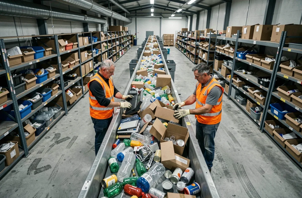 Centre de tri des déchets illustrant les trois types d'impact environnemental des objets manufacturés