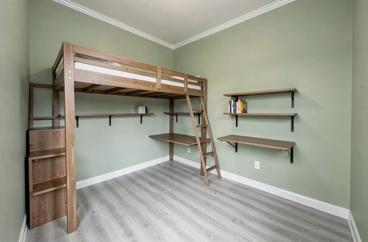 Chambre 12x12 optimisée avec lit mezzanine, bureau mural et rangements intelligents gain de place