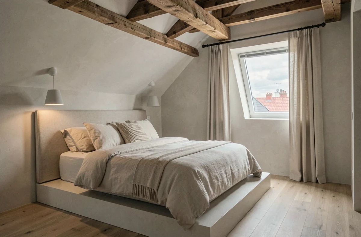 Chambre dans un loft sous toit bas avec lit en alcôve, plafond en pente et lucarne donnant sur les toits