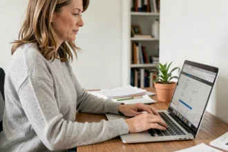 Femme remplissant un formulaire de changement d'adresse EDF en ligne sur un ordinateur portable depuis son bureau à domicile