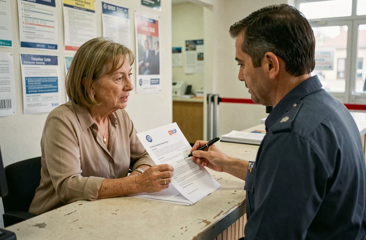 Femme remettant un document EDF à un agent de guichet pour effectuer un changement d'adresse en bureau de poste