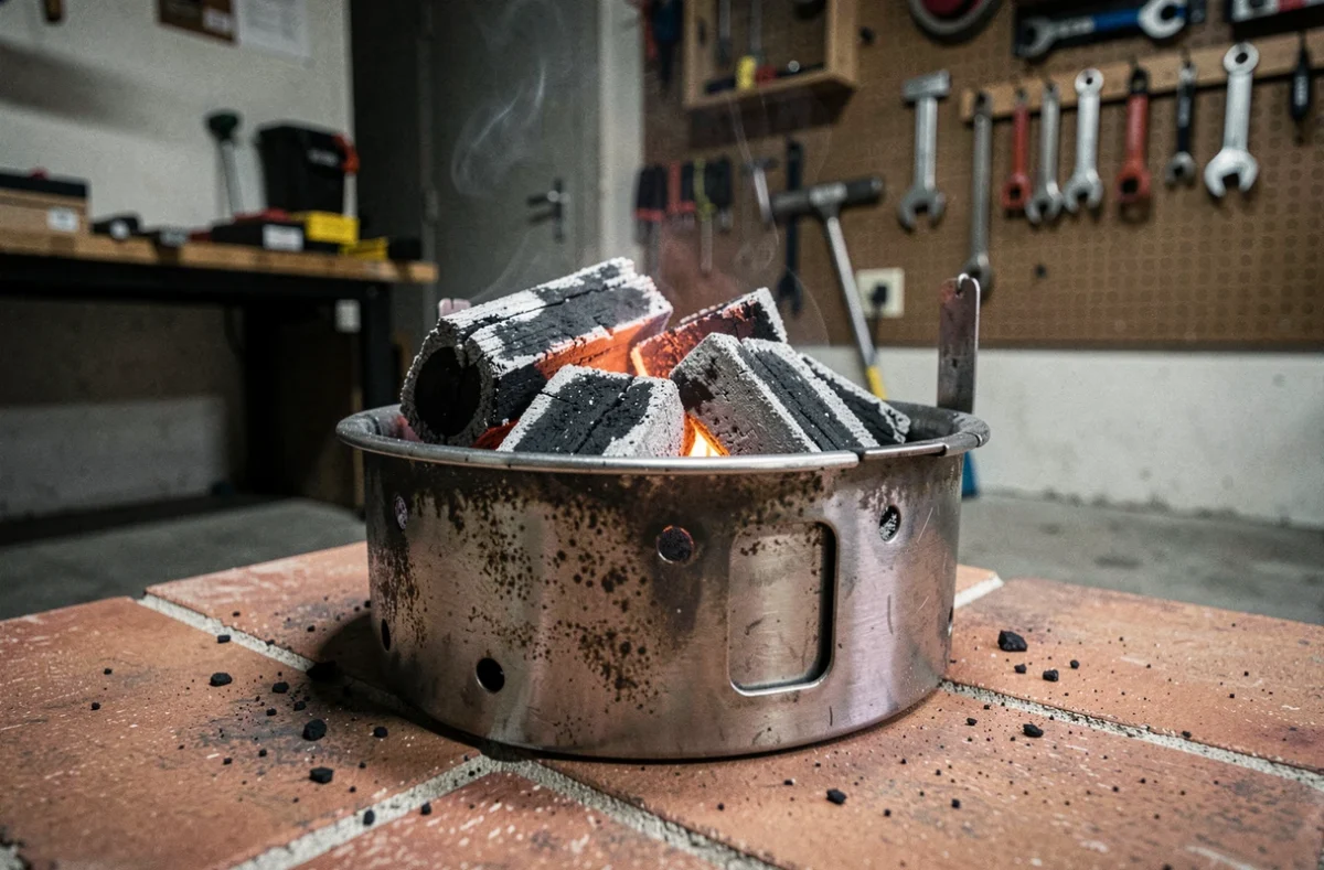 Gros plan sur du charbon de bois incandescent dans un démarreur à cheminée portable posé sur du carrelage sans foyer fixe
