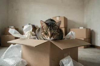 Chat tigré anxieux tapi dans un carton de déménagement ouvert, pupilles dilatées, dans un appartement vide avec des cartons empilés