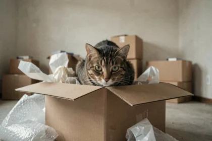 Chat tigré anxieux tapi dans un carton de déménagement ouvert, pupilles dilatées, dans un appartement vide avec des cartons empilés