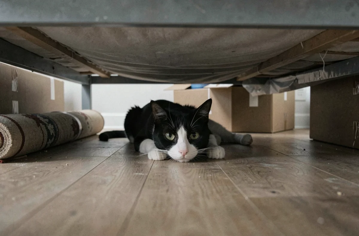 Chat noir et blanc caché sous un lit dans une nouvelle chambre après un déménagement, posture crispée et regard méfiant