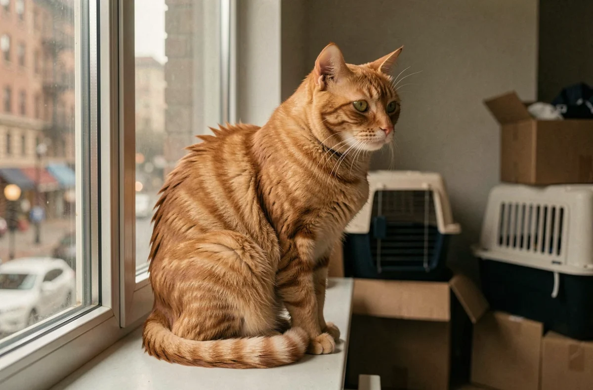 Chat roux perché sur le rebord d'une fenêtre d'un nouvel appartement, regard tendu vers l'extérieur, stress visible dans sa posture