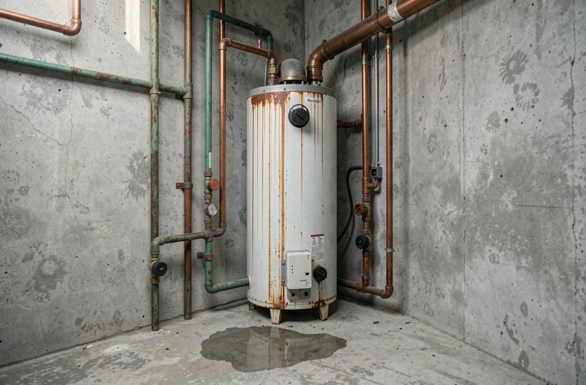 Chauffe-eau rouillé dans une buanderie résidentielle avec tuyaux en cuivre oxydés et fuite d'eau sur sol en béton