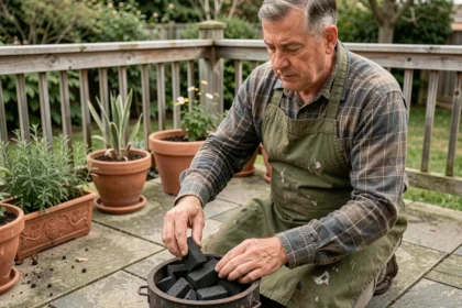 Homme chauffant du charbon de bois avec un allume-charbon électrique sur une terrasse en béton sans cheminée