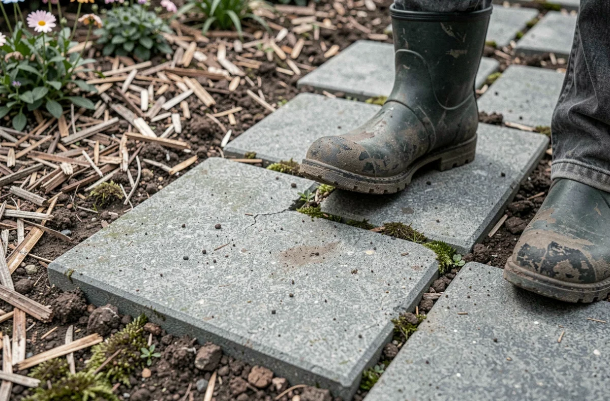 Chemin en dalles béton posées sur sol compacté dans un jardin, option abordable pour allée piétonnière