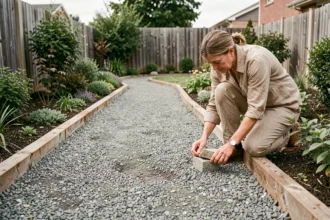 Chemin piétonnier en gravier concassé dans un jardin résidentiel, matériau économique pour allée extérieure