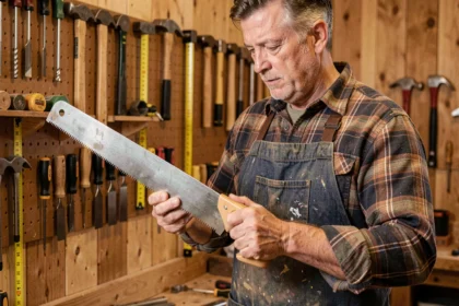Homme expérimenté examinant une scie à main dans un atelier de bricolage bien organisé avec des outils accrochés au mur
