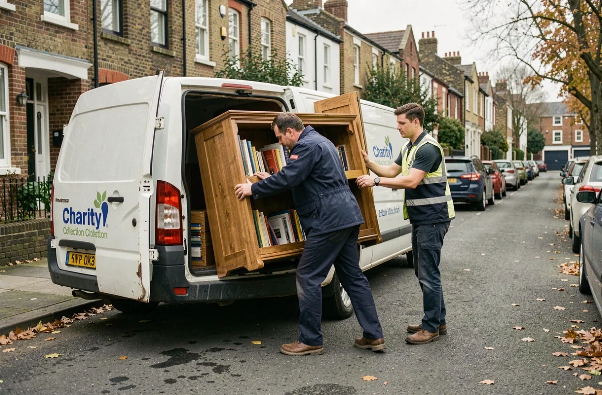 Bénévoles chargeant une bibliothèque en bois dans un camion de collecte de meubles