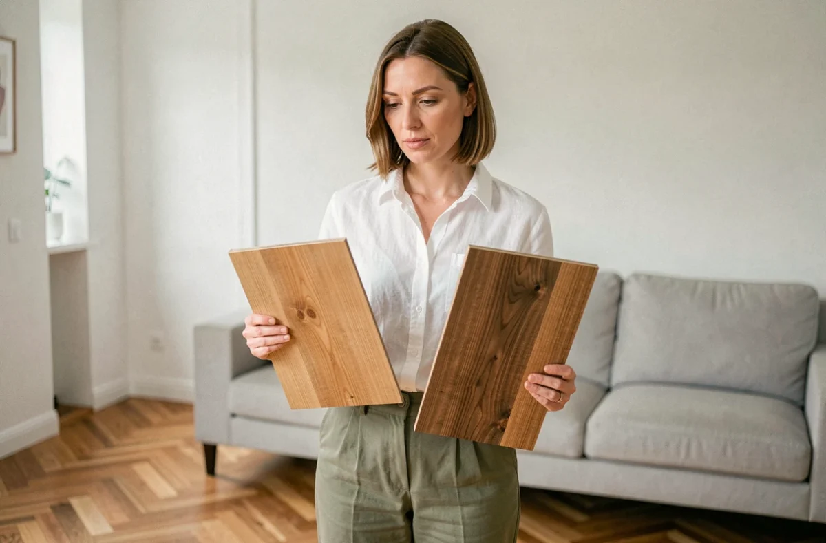 Femme comparant deux échantillons de parquet au-dessus d'un sol en parquet à chevrons existant dans un salon moderne