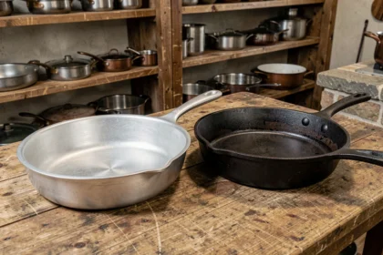 Comparaison entre une poêle en fonte d'aluminium et une poêle en fonte traditionnelle posées côte à côte sur un établi en bois