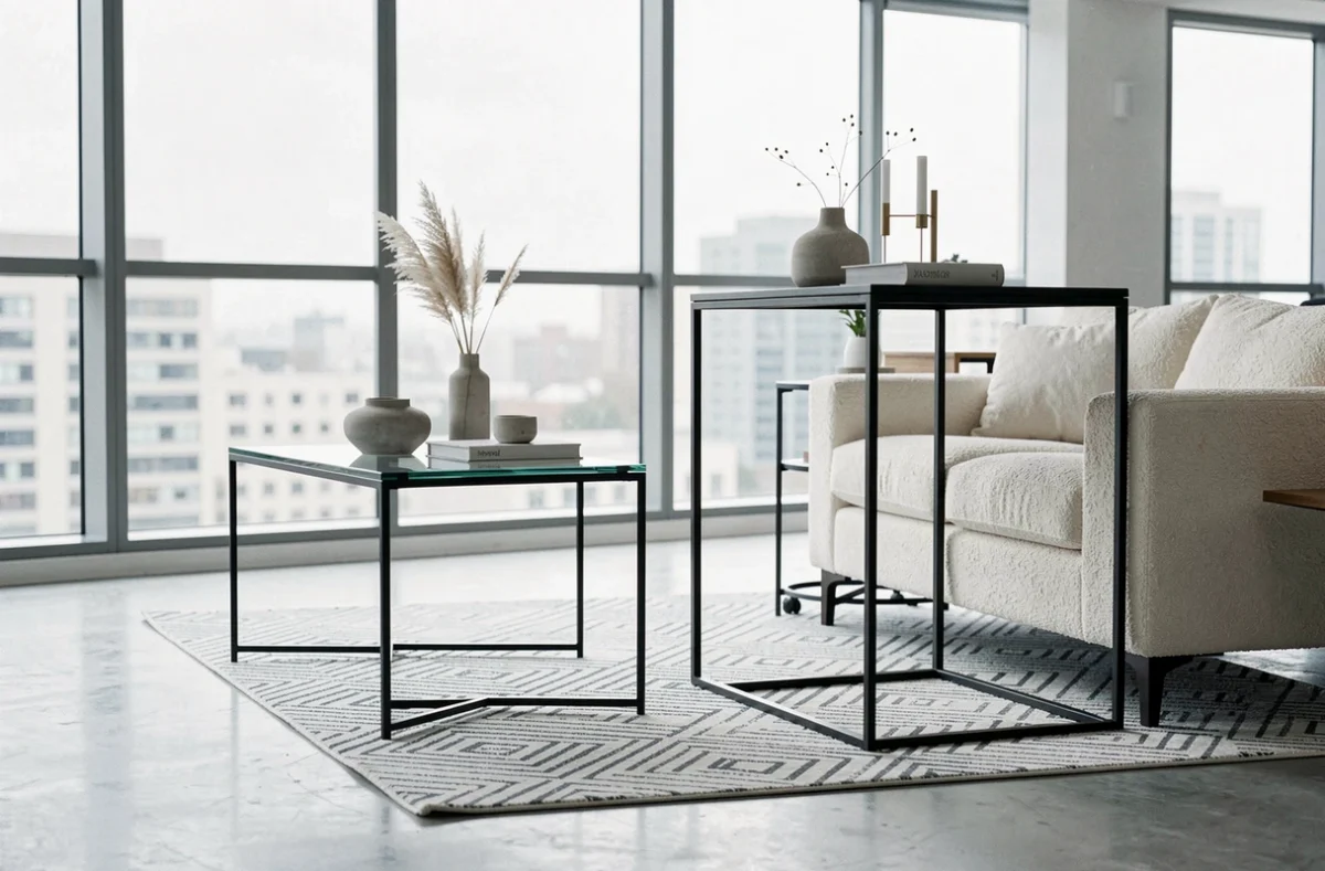 Comparaison visuelle entre une table basse standard et une table basse haute devant un canapé bouclé crème dans un salon contemporain