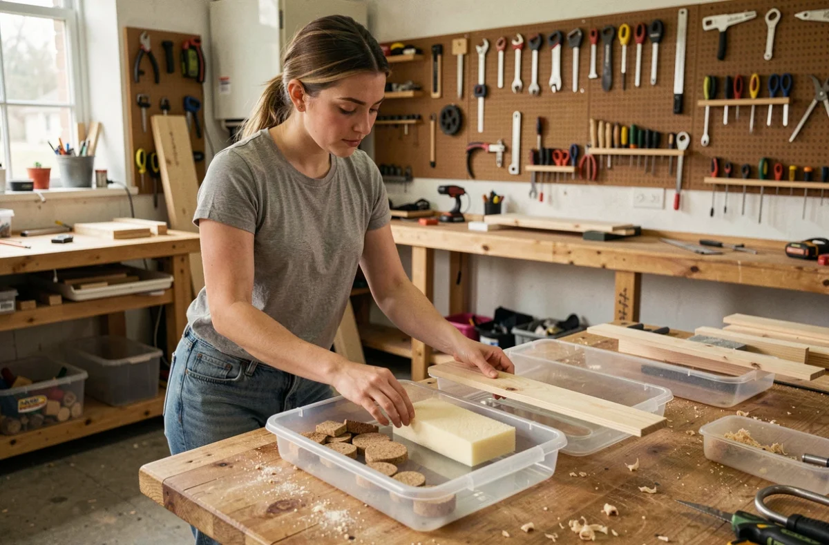 Femme comparant différents matériaux flottants économiques dans un atelier DIY, dont liège, mousse et bois de pin