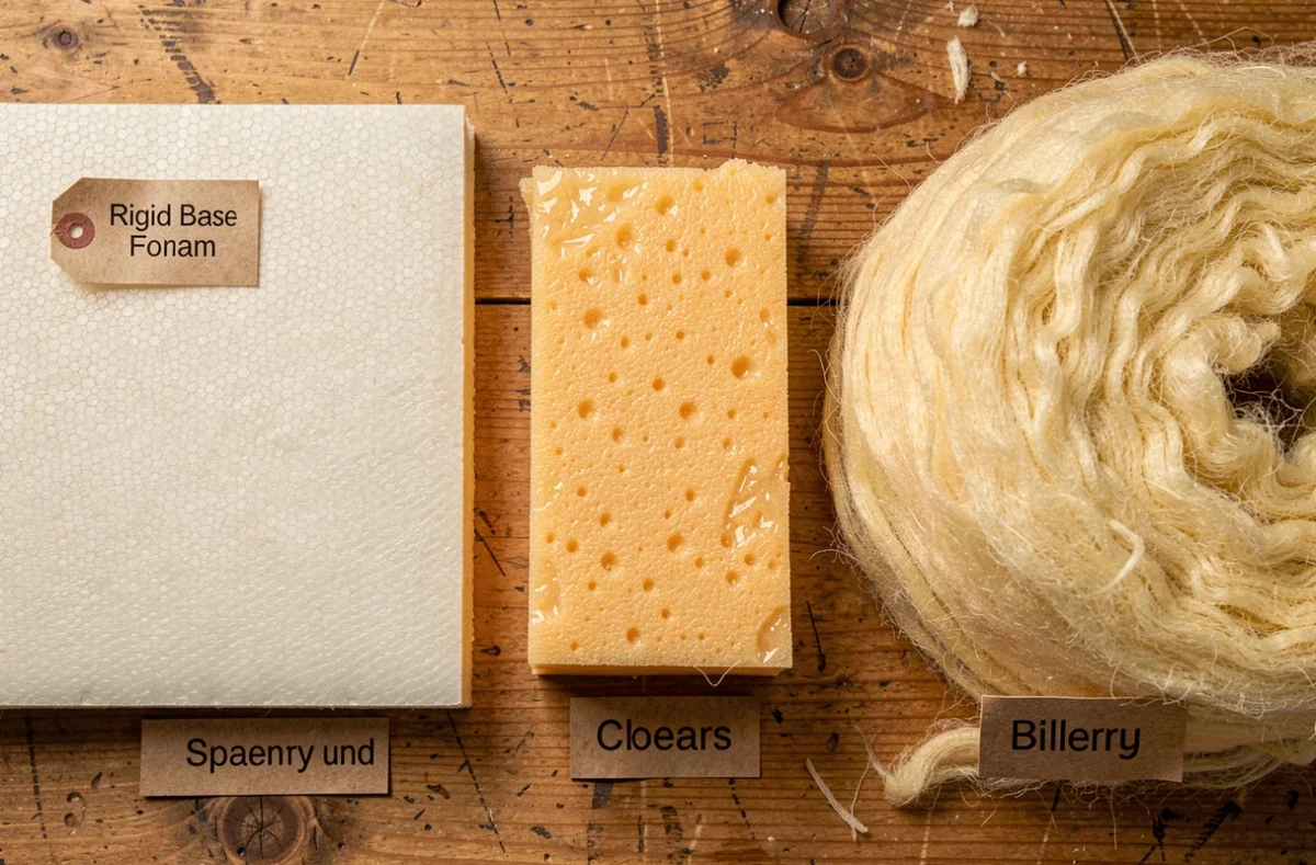 Comparaison de matériaux d'isolation thermique : laine de verre, mousse rigide et mousse projetée sur une table en bois