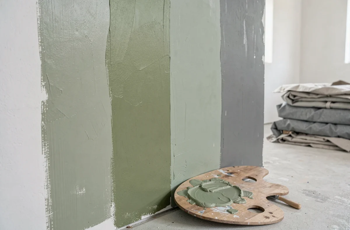 Comparaison de quatre nuances de vert neutres peintes sur un mur en plâtre - sauge, lichen, céladon et vert grisé