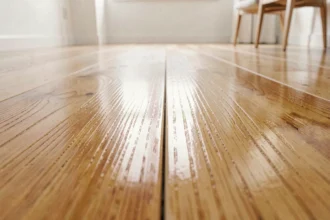 Comparaison entre un parquet ciré à patine mate et un parquet vitrifié brillant, vue en gros plan au sol