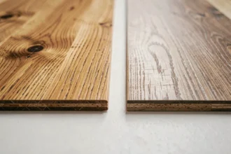 Comparaison côte à côte d'une lame de parquet en chêne massif et d'une lame de sol stratifié sur fond blanc