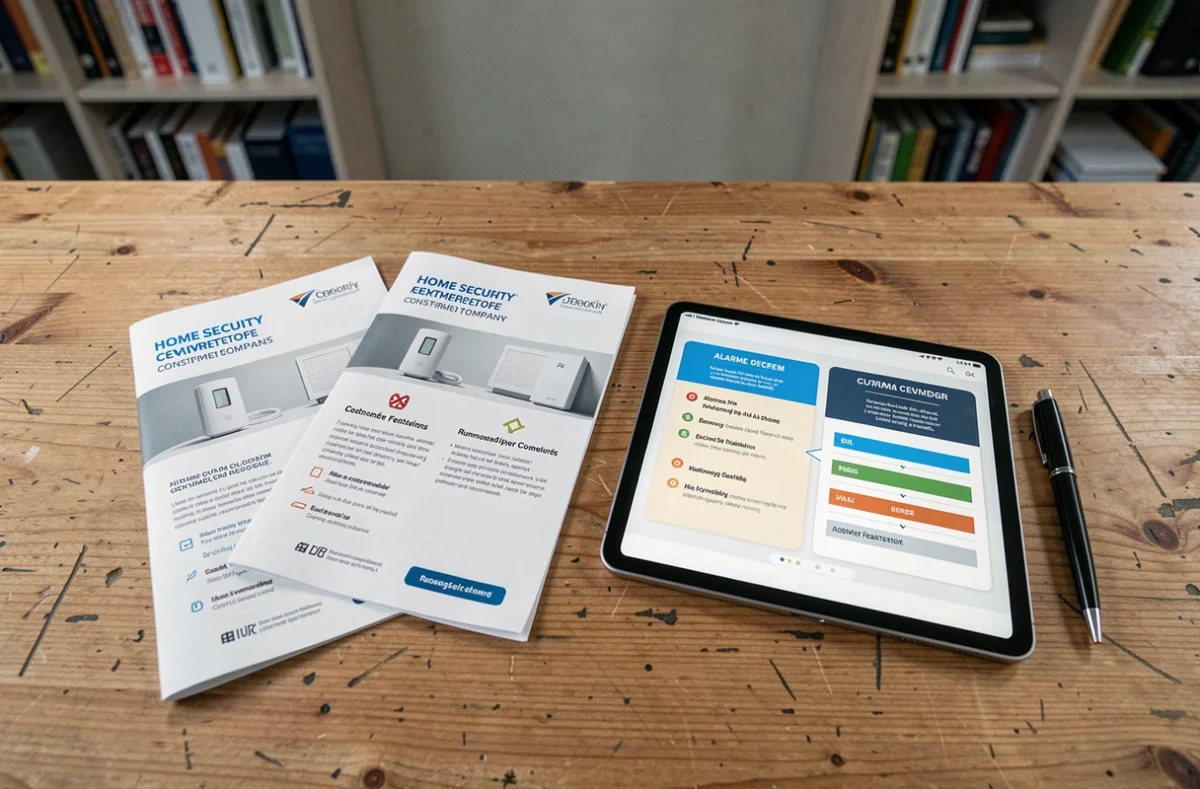Comparaison de systèmes d'alarme sur tablette avec brochures de sécurité posées sur un bureau en bois