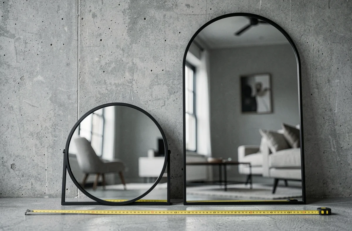 Comparaison de tailles de miroirs rond et arche posés contre un mur en béton dans un salon contemporain