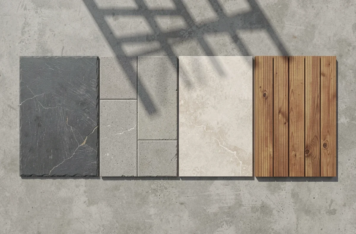 Comparaison de quatre revêtements de terrasse extérieure : ardoise, béton, grès cérame et bois exotique